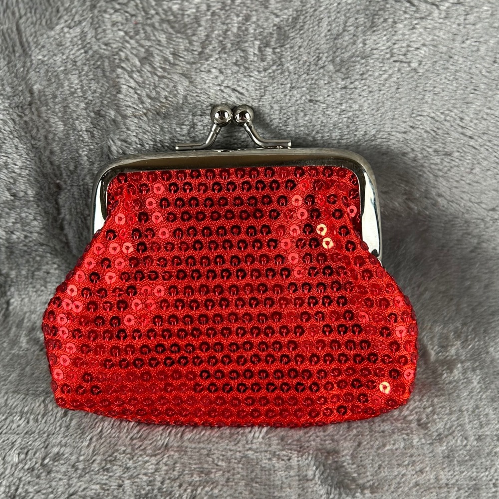 Red Sequin Coin Purse Kiss Lock Small Pouch Shimmer Sparkle Mini Wallet
